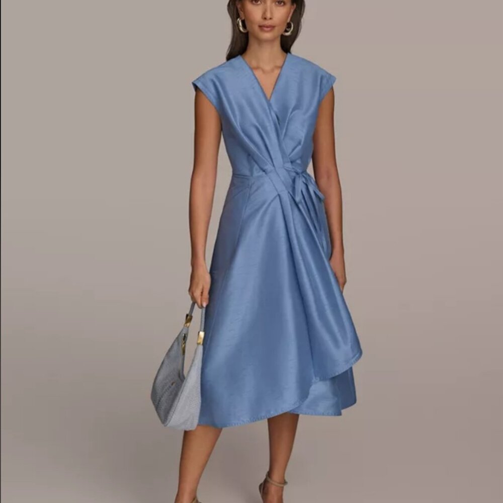 DONNA KARAN GATHERED MIDI WRAP DRESS